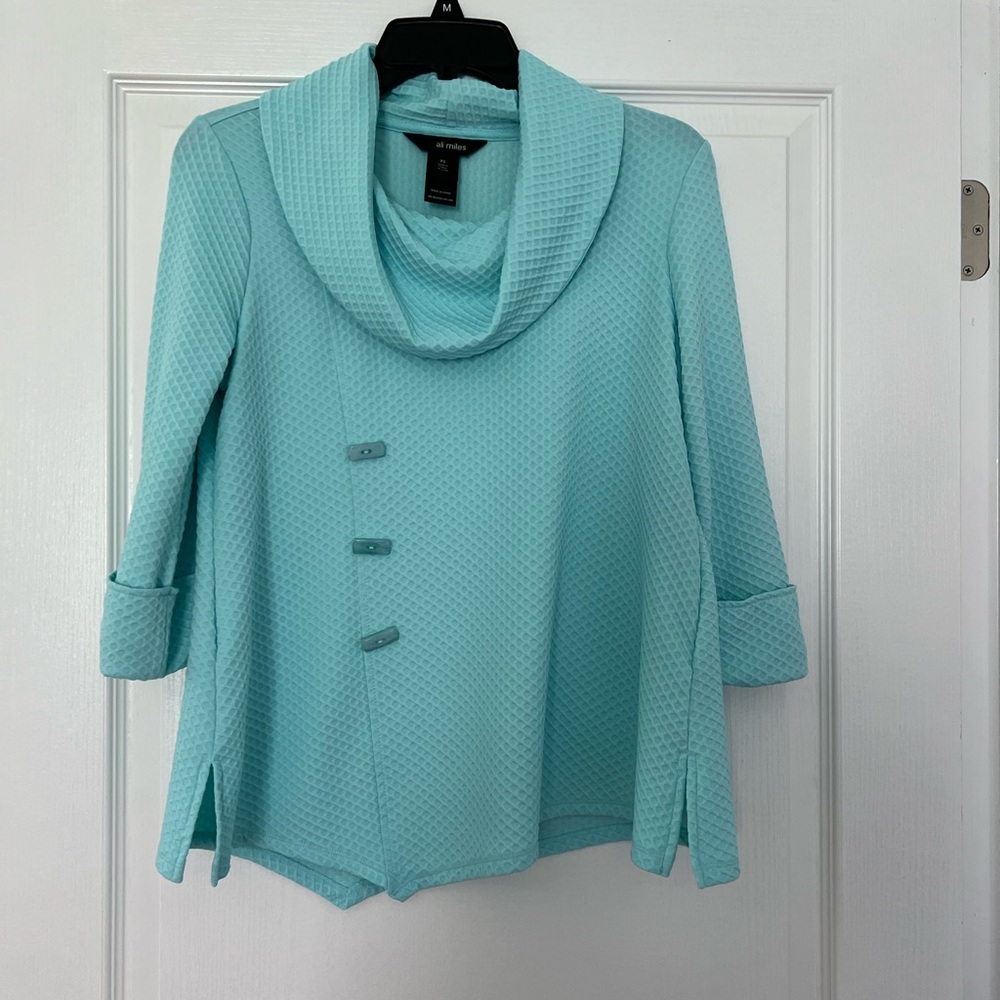 Ali Miles Aqua Cowl Neck Buttoned Top